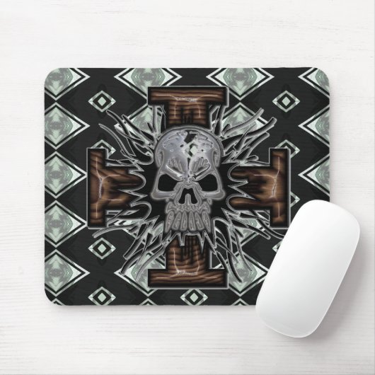 Crazy Chrome Skull met Wooden 3D Bevelde Kruis Muismat (Met muis)