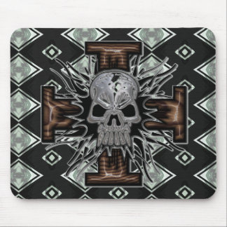 Crazy Chrome Skull met Wooden 3D Bevelde Kruis Muismat