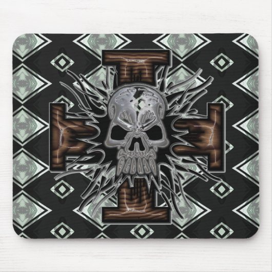 Crazy Chrome Skull met Wooden 3D Bevelde Kruis Muismat (Voorkant)