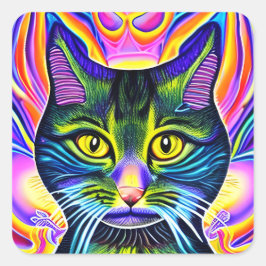 Crazy Cool Eyed Spiritueel Kleurrijke Kat Vierkante Sticker