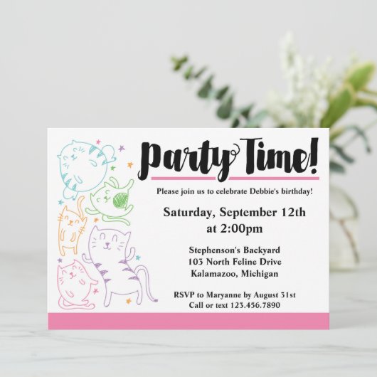 Crazy Cute Cats Birthday Party Custom Invitation Kaart (Staand voorkant)