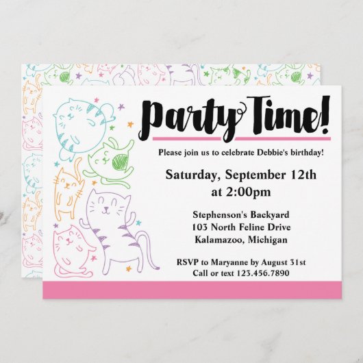 Crazy Cute Cats Birthday Party Custom Invitation Kaart (Voorkant / Achterkant)