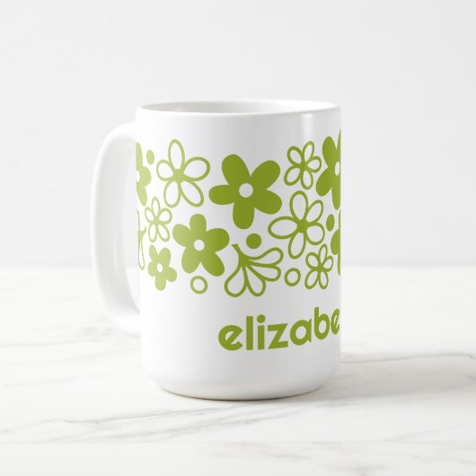 Crazy Daisy Pattern in Spring Green met naam Koffiemok (Voorkant links)