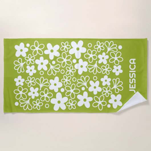Crazy Daisy Pattern in Spring Green met naam Strandlaken (Voorkant)