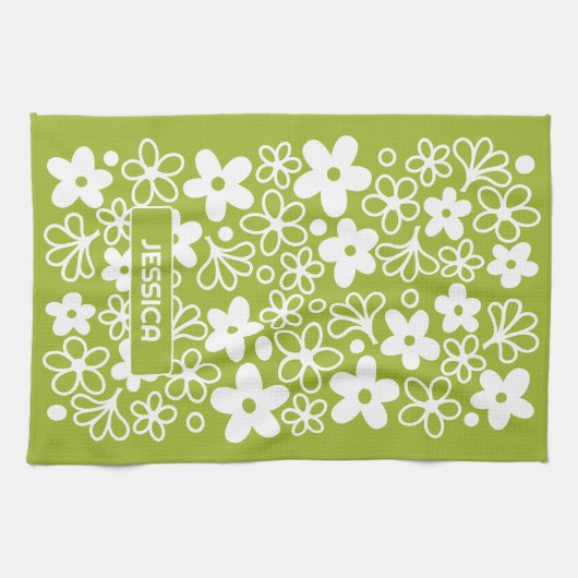 Crazy Daisy Pattern in Spring Green met naam Theedoek (Horizontaal)