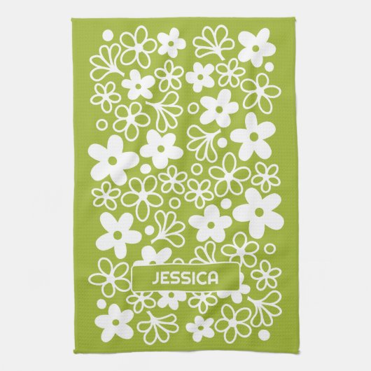 Crazy Daisy Pattern in Spring Green met naam Theedoek (Verticaal)