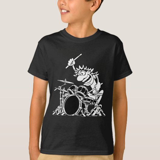 Crazy Drummer Cartoon Illustratie T-shirt (Voorkant)