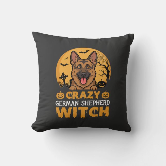 Crazy Duitse Herder Heks Ontwerp voor Halloween Kussen (Voorkant)