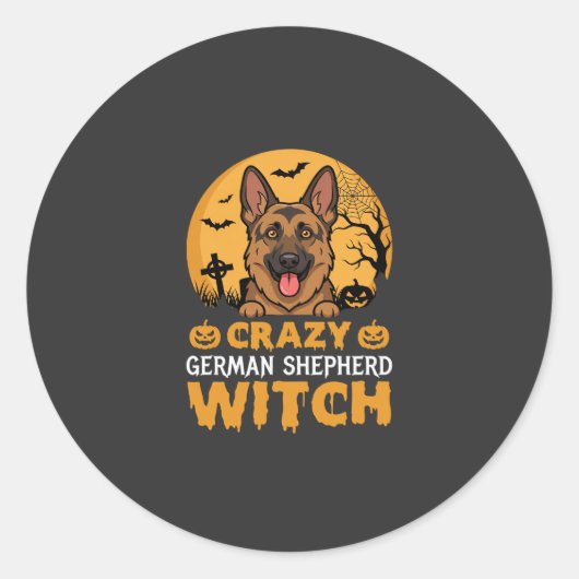 Crazy Duitse Herder Heks Ontwerp voor Halloween Ronde Sticker (Voorkant)