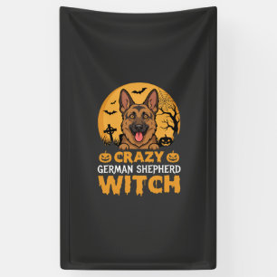 Crazy Duitse Herder Heks Ontwerp voor Halloween Spandoek