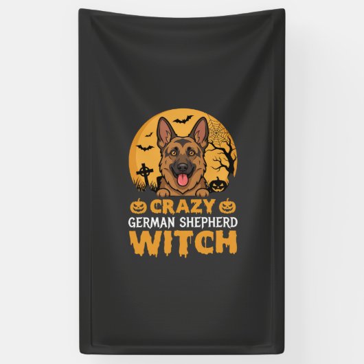 Crazy Duitse Herder Heks Ontwerp voor Halloween Spandoek (Verticaal)