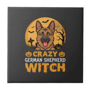 Crazy Duitse Herder Heks Ontwerp voor Halloween Tegeltje