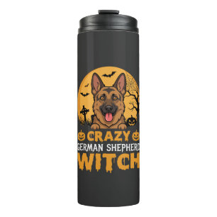 Crazy Duitse Herder Heks Ontwerp voor Halloween Thermosbeker