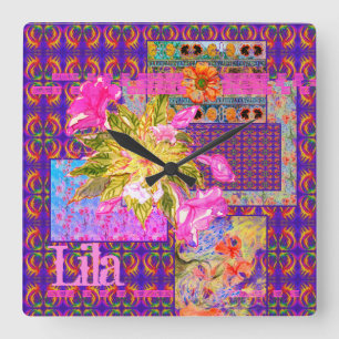 Crazy Floral Patchwork Colorful Paars Pink Sinaasa Vierkante Klok