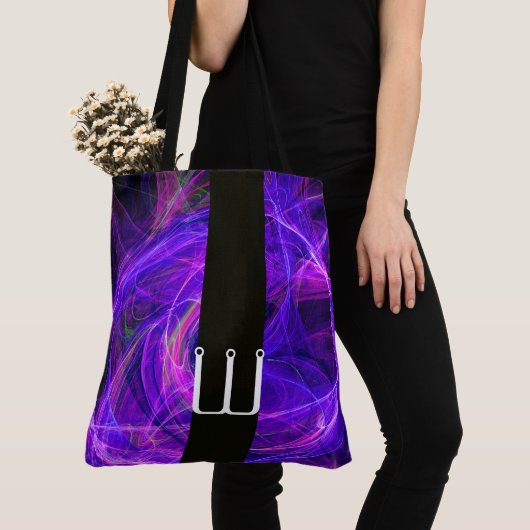 CRAZY FOTON BLACK STRIPE MONOGRAM Blue Fractals Tote Bag (Dichtbij)