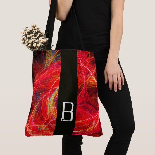 CRAZY FOTON BLACK STRIPE MONOGRAM Red Fractals Tote Bag (Dichtbij)