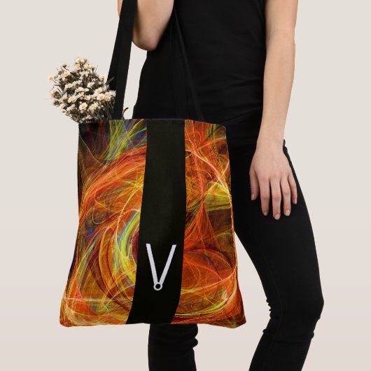 CRAZY FOTON BLACK STRIPE MONOGRAM Yellow Fractals Tote Bag (Dichtbij)