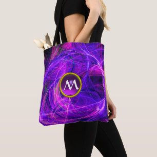 CRAZY FOTON GEM MONOGRAM Paarse Blue Fractals Tote Bag
