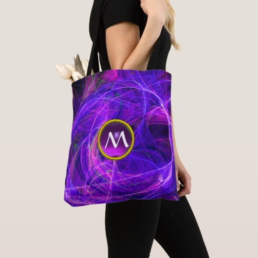 CRAZY FOTON GEM MONOGRAM Paarse Blue Fractals Tote Bag (Dichtbij)