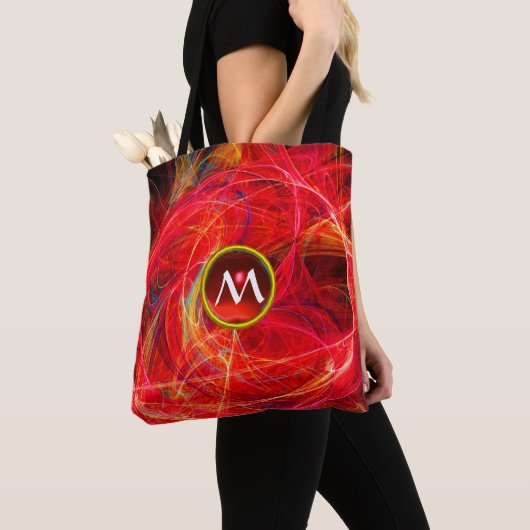 CRAZY FOTON GEM MONOGRAM Red Oranje Fractals Tote Bag (Dichtbij)