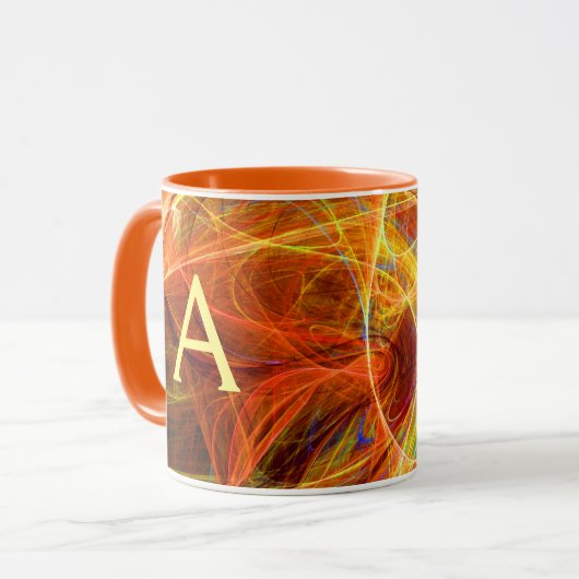 CRAZY FOTON Oranje Yellow Fractal Swirls Monogram Mok (Voorkant links)