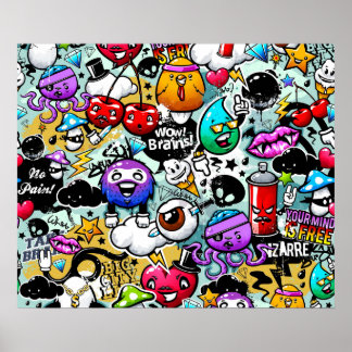 Crazy Fruits and Vegetables Graffiti Poster