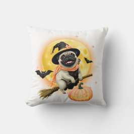 Crazy Happy Halloween Pug die op een Vliegende Bez Kussen