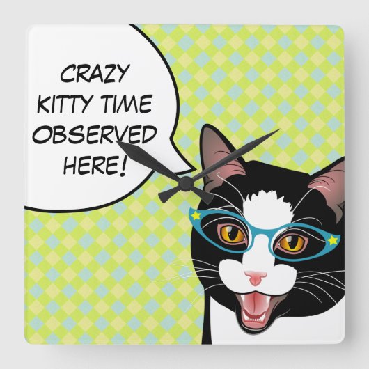 Crazy Kat Time Kitchen Cat Clock Vierkante Klok (Voorkant)