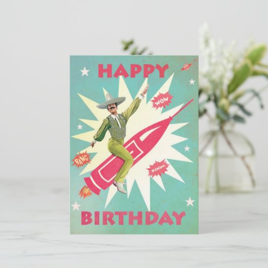 Crazy Mexican on Rocket Birthday Party Time Feestdagenkaart (Staand voorkant)