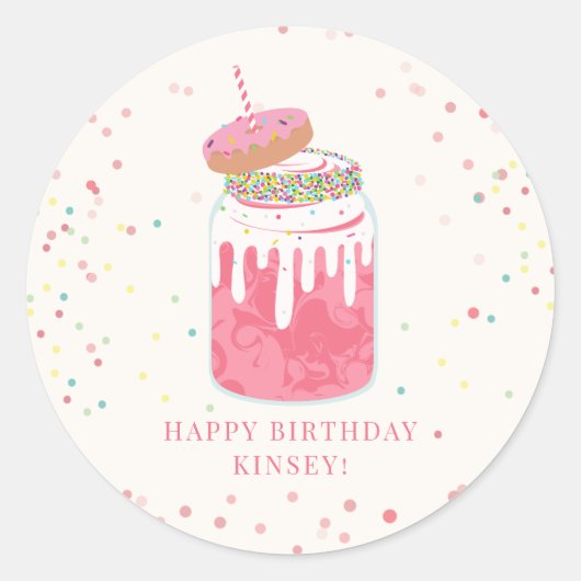 Crazy Milkshake Confetti Donut Pink Birthday Party Ronde Sticker (Voorkant)