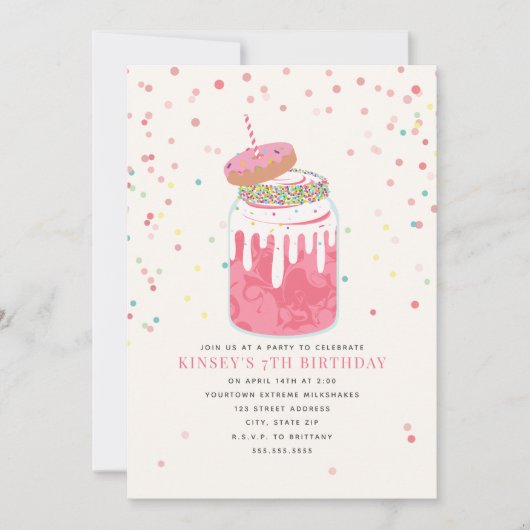 Crazy Milkshake Donut Confetti Pink Birthday Party Kaart (Voorkant)