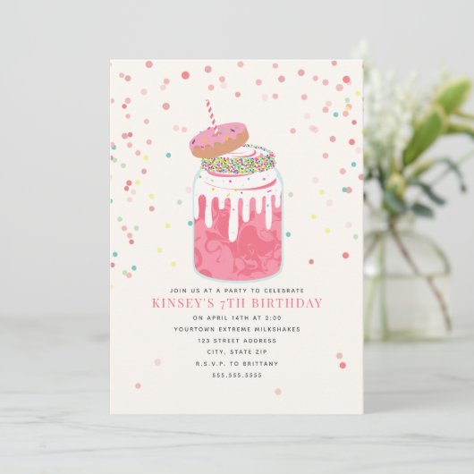 Crazy Milkshake Donut Confetti Pink Birthday Party Kaart (Staand voorkant)