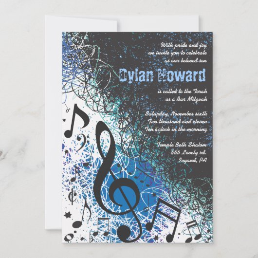 CRAZY MUSICAL NOTES Bar Mitzvah Invitation Kaart (Voorkant)