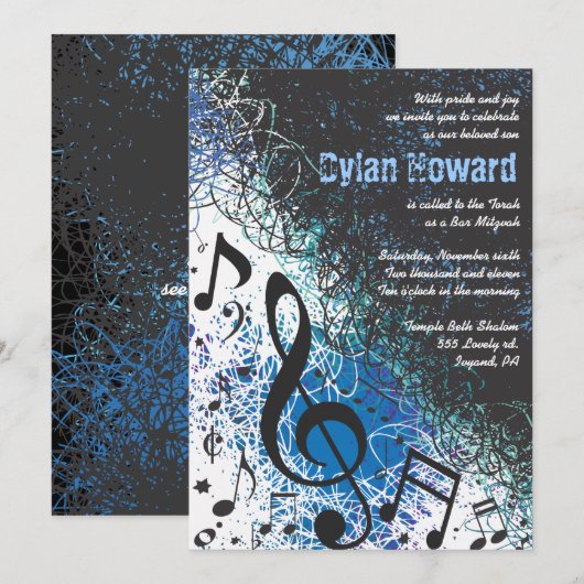 CRAZY MUSICAL NOTES Bar Mitzvah Invitation Kaart (Voorkant / Achterkant)