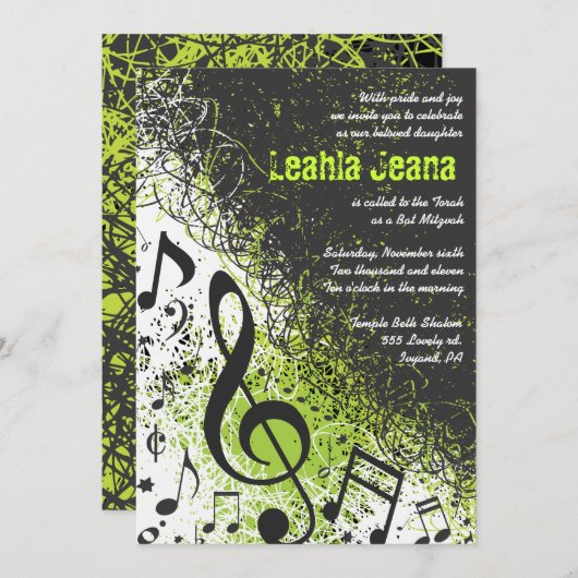 CRAZY MUSICAL NOTES Bar Mitzvah Invitation Limoen Kaart (Voorkant / Achterkant)