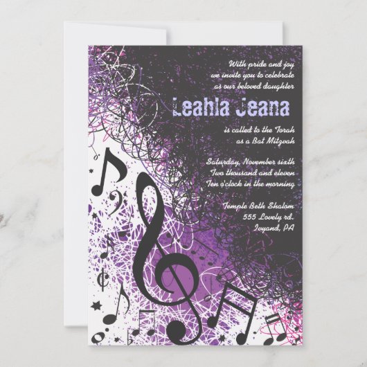 CRAZY MUSICAL NOTES Bar Mitzvah Invitation Violet Kaart (Voorkant)
