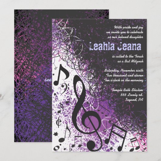 CRAZY MUSICAL NOTES Bar Mitzvah Invitation Violet Kaart (Voorkant / Achterkant)