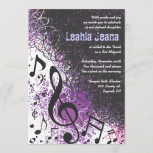 CRAZY MUSICAL NOTES Bar Mitzvah Invitation Violet Kaart