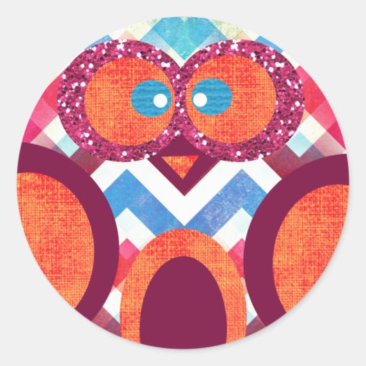 Crazy Owl Colorful Chevron Paars Pink Blue Ronde Sticker (Voorkant)