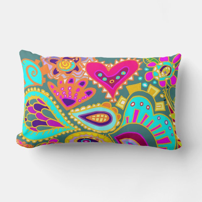 Crazy Paisley TWO-zijdes Lumbar PAARS & JADE Kussen (Voorkant)
