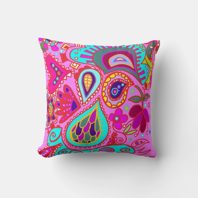 Crazy Paisley TWO zijkant PINK & PAARSE Throw Kussen (Voorkant)