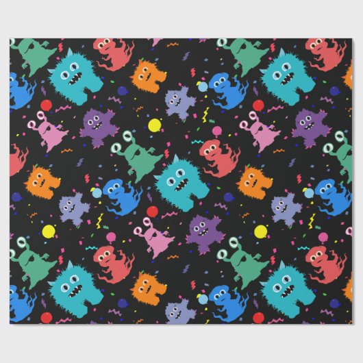 Crazy Party Monster Pattern Birthday Black Cadeaupapier (Vlak)