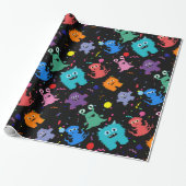 Crazy Party Monster Pattern Birthday Black Cadeaupapier (Uitgerold)