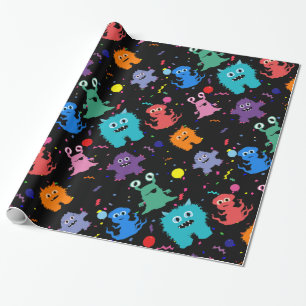 Crazy Party Monster Pattern Birthday Black Cadeaupapier