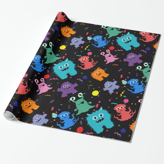 Crazy Party Monster Pattern Birthday Black Cadeaupapier (Uitgerold)