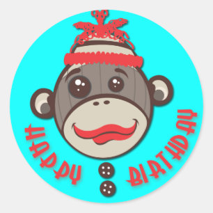 Crazy pet Sock Monkey Happy Birthday-stickers Ronde Sticker