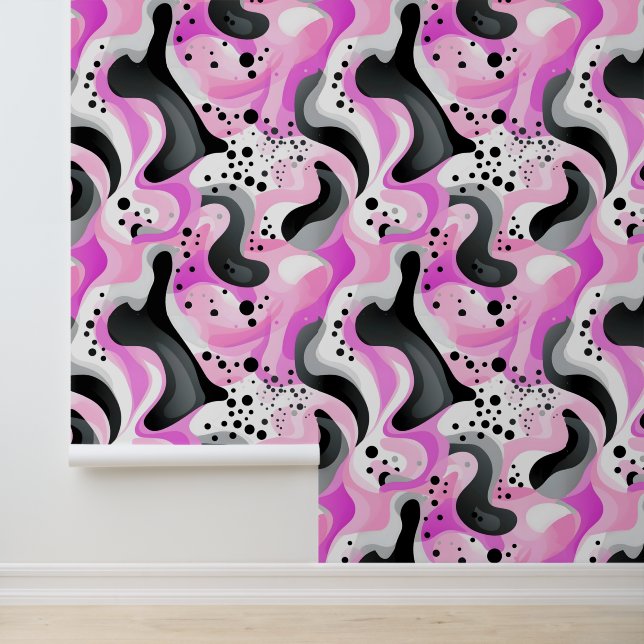 Crazy Pink Abstract Swirls en Stippen Behang (Applicatie)