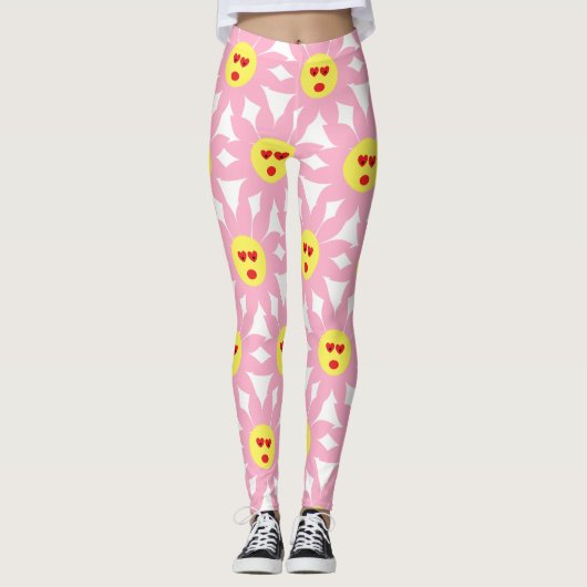 Crazy Pink Flower met Red Heart Eyes Leggings (Voorkant)