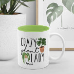 Crazy Plant Lady | Funny Personalized Plant Lovers Tweekleurige Koffiemok<br><div class="desc">Gift je favoriete plant minnaar met deze leuke en grappige mok met twee pottenfoto's van plant en de uitdrukking 'gek plant dame'. Personaliseer met een naam onder.</div>