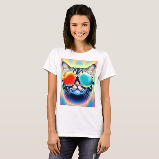 Crazy Psychedelic Psychonaut Kitty Cat White T-shirt (Voorkant volledig)